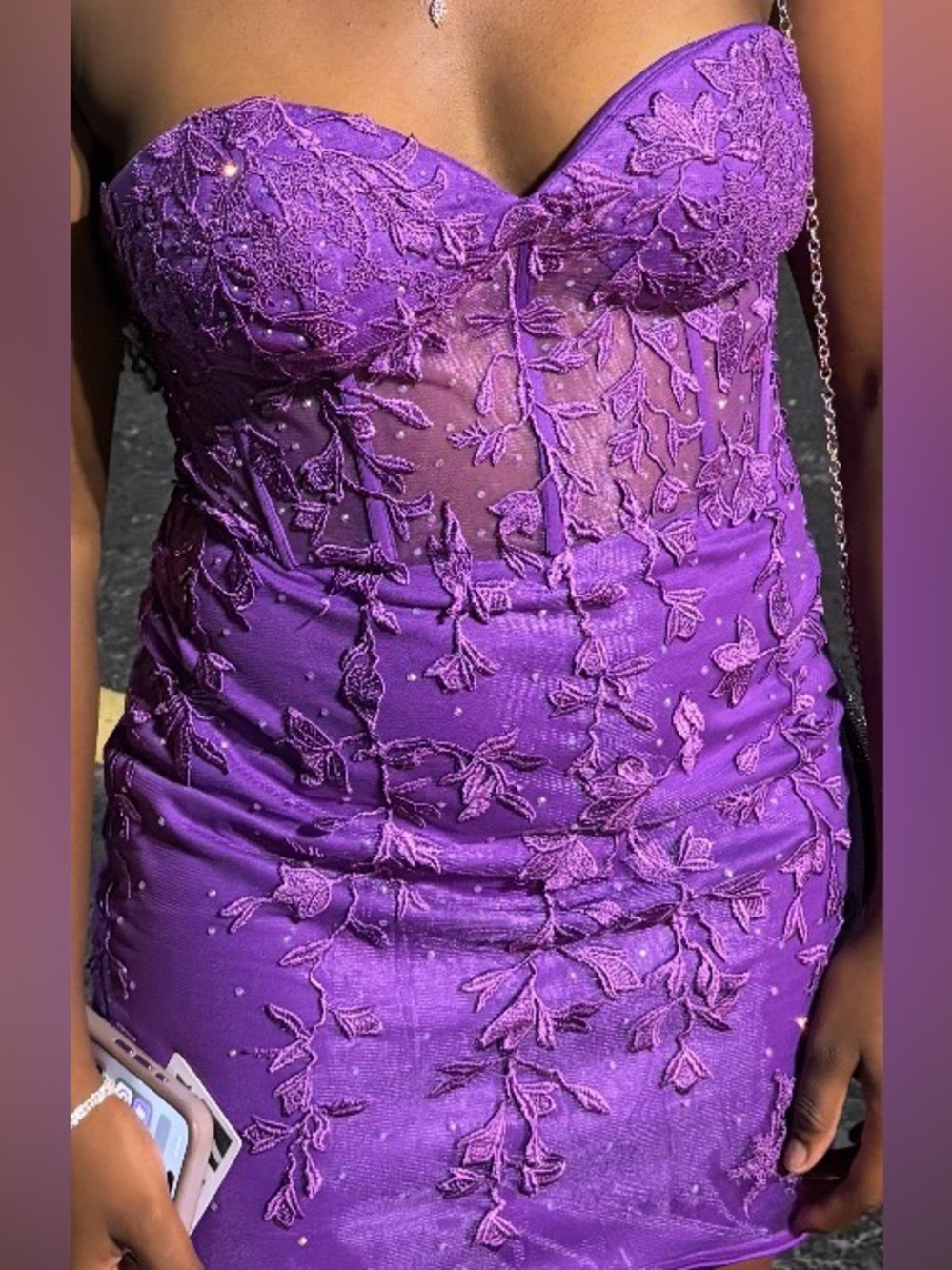 Strapless Purple Beaded Floral Corset Cocktail Dress - Picture 3 of 4